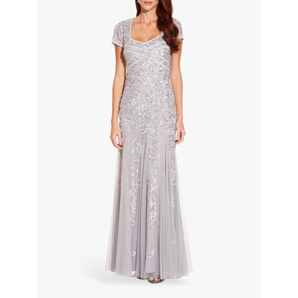Adrianna Papell Silver Mist Beaded Godet Gown Size 8 NWT MSRP $349.00